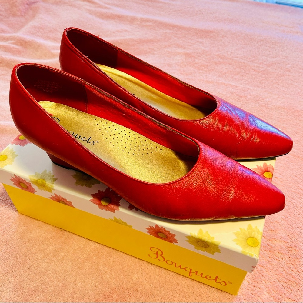 Red leather wedge pumps, size 9 WW.